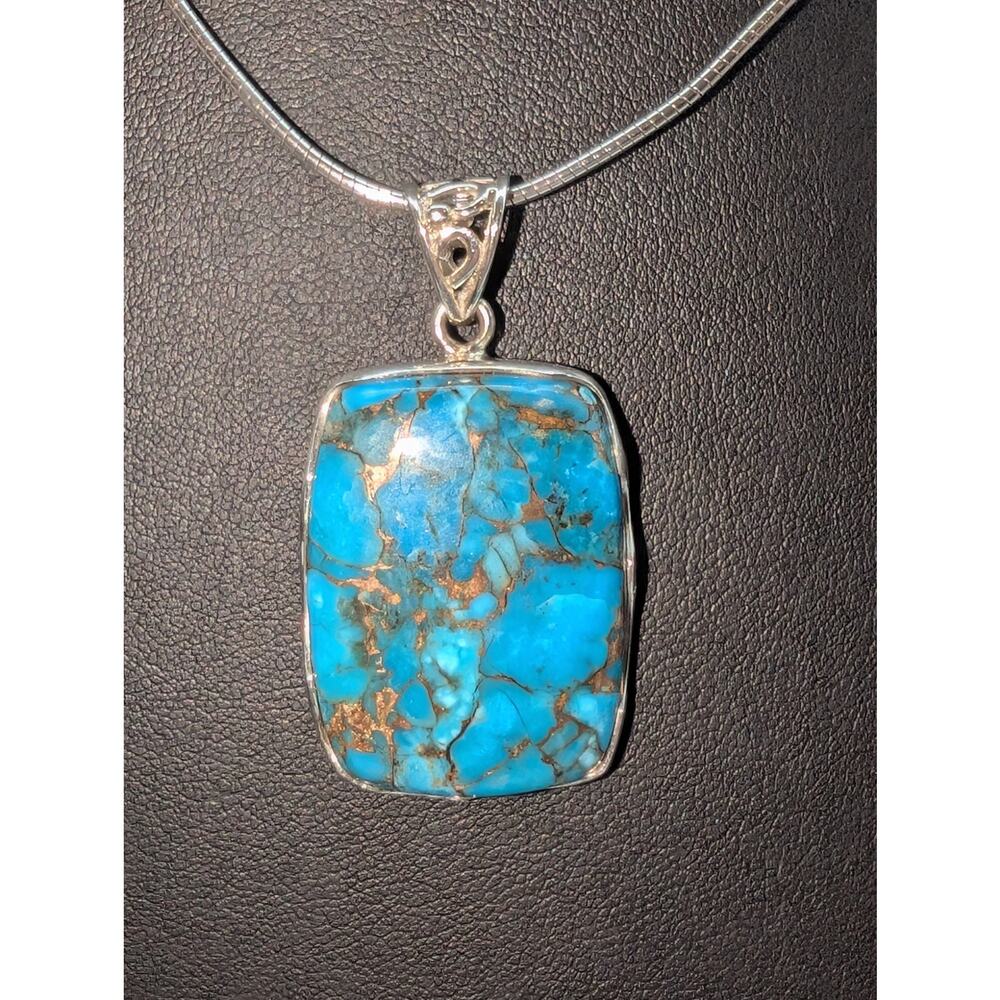VTG 925 Sterling Silver Copper Turquoise Pendant on Sterling 18" Cable Wire